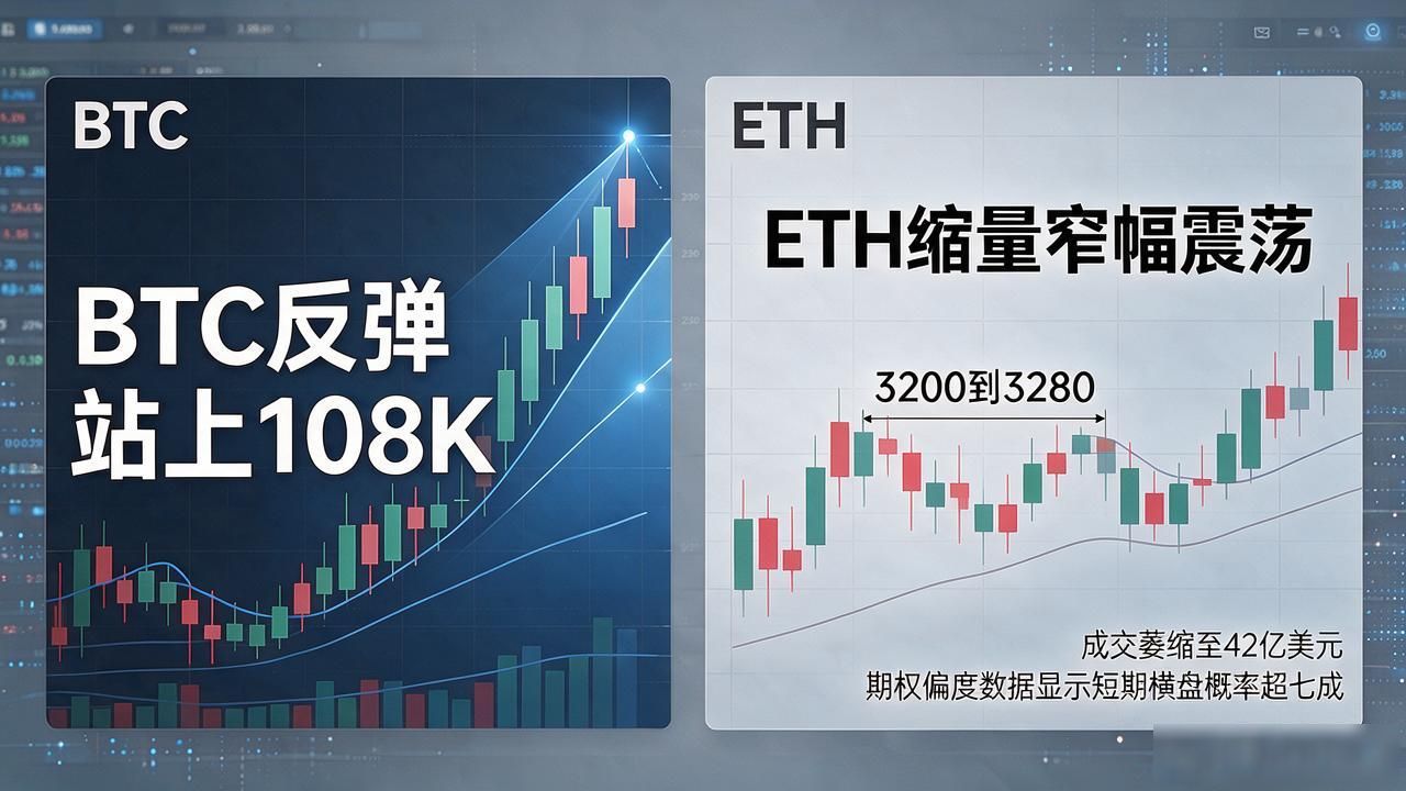 ETH在3200到3280区间缩量震荡走势_BTC跌破107K后反弹至108K压力位分析_数字货币今日走势图